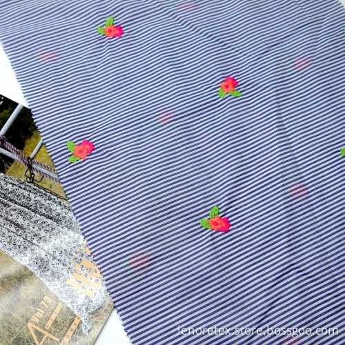 Stripe Yarn Dyed Woven 100%Cotton Flower Embroidery Fabric